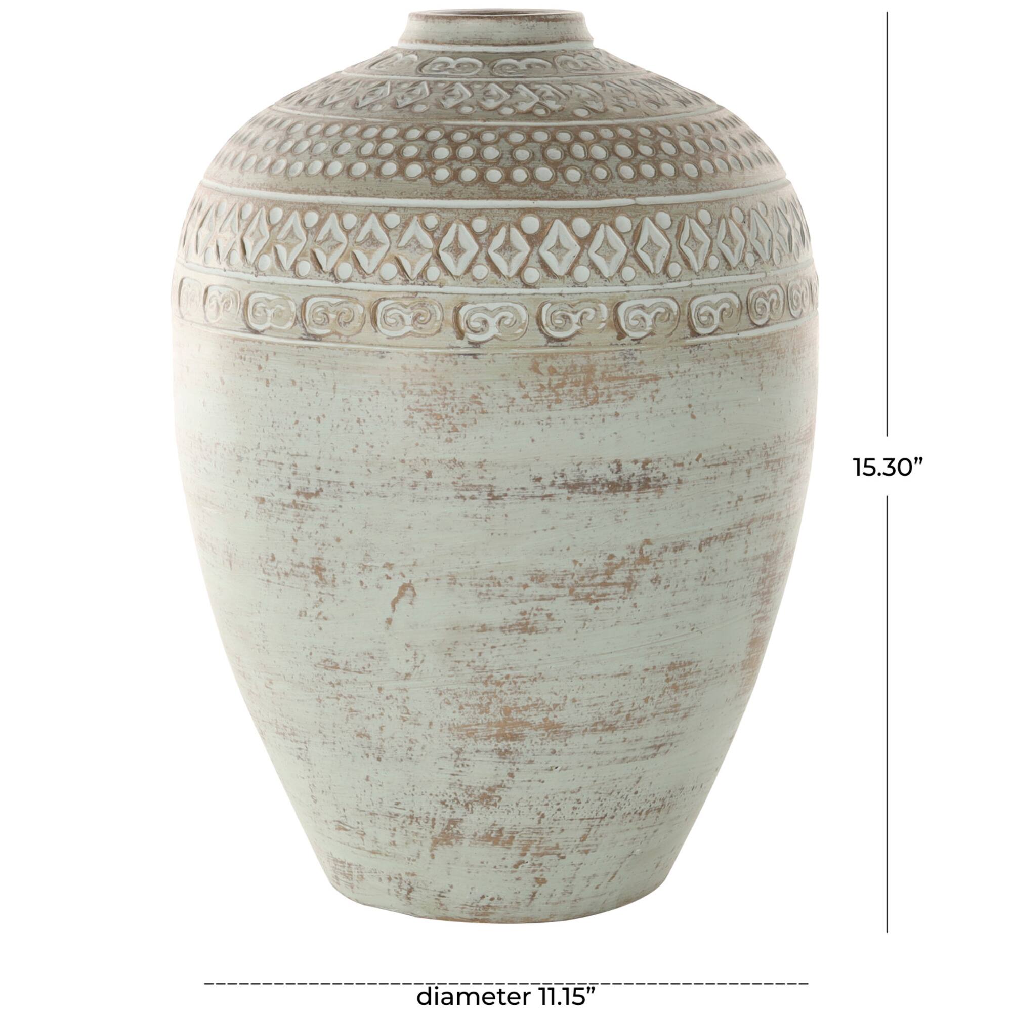 15.25" Green Ceramic Handmade Antique Style Decorative Vase with Geometric Tribal Carvings